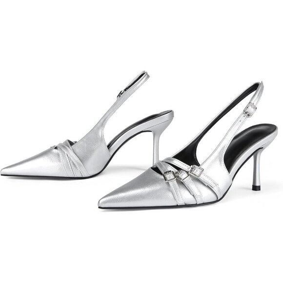 🆕Women Sliver Stiletto Heels Pointed Toe Slip On Pumps Closed Toe Heeled Sandal - Picture 5 of 7